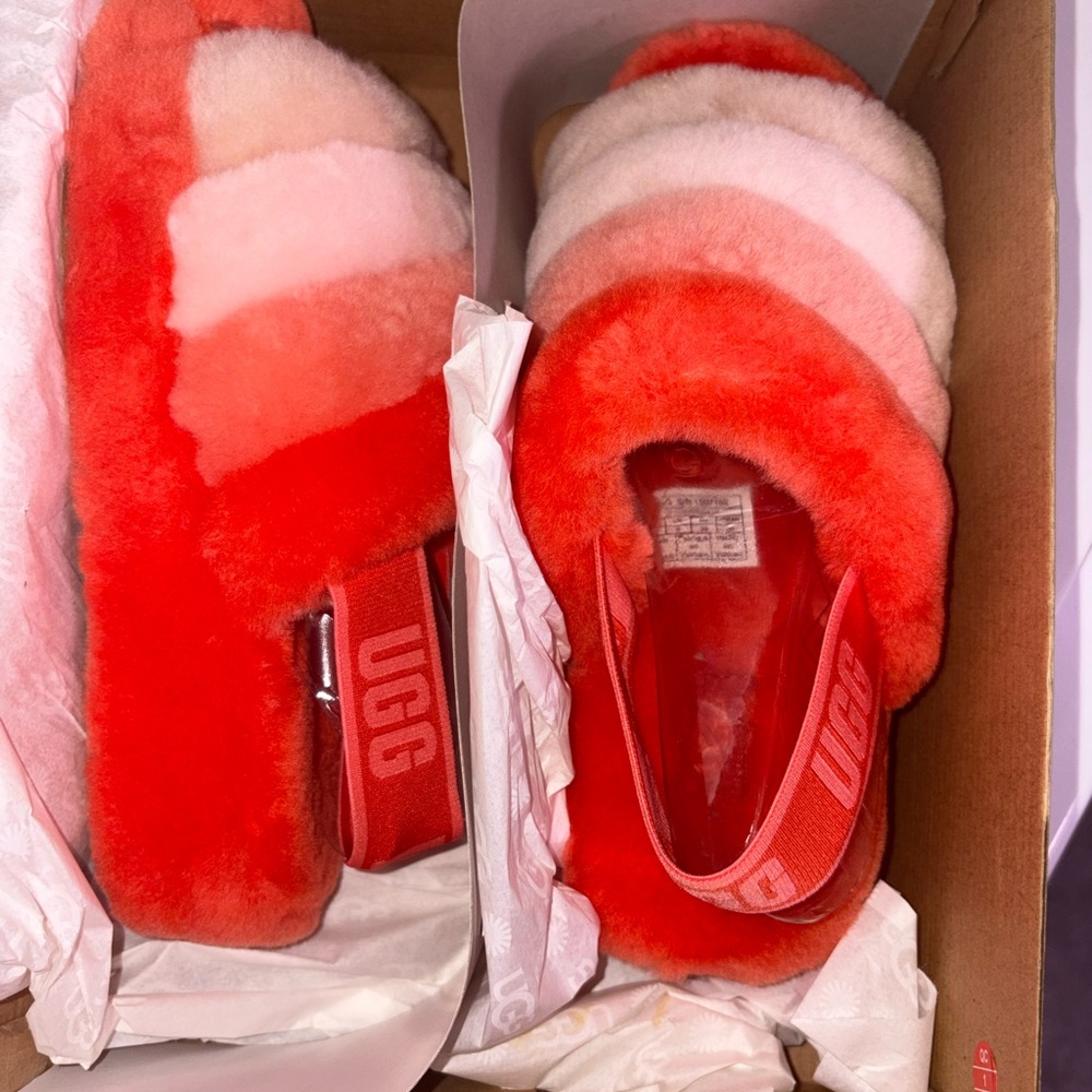 UGG Fluff Yeah Slide Sandals in Red & Light Pink Ombre